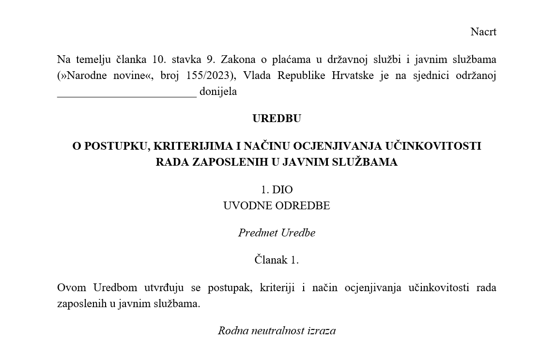 Otvoreno e-Savjetovanje o Uredbi o postupku, kriterijima i načinu ocjenjivanja učinkovitosti rada zaposlenih u javnim službama